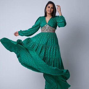 Maxi Green Dress with Long Balloon-Sleeves, Deep V-neck and with Sequined Cinche